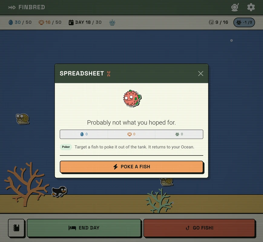 Finbred fish inspect modal showing a Finbred mutant with Poker trait