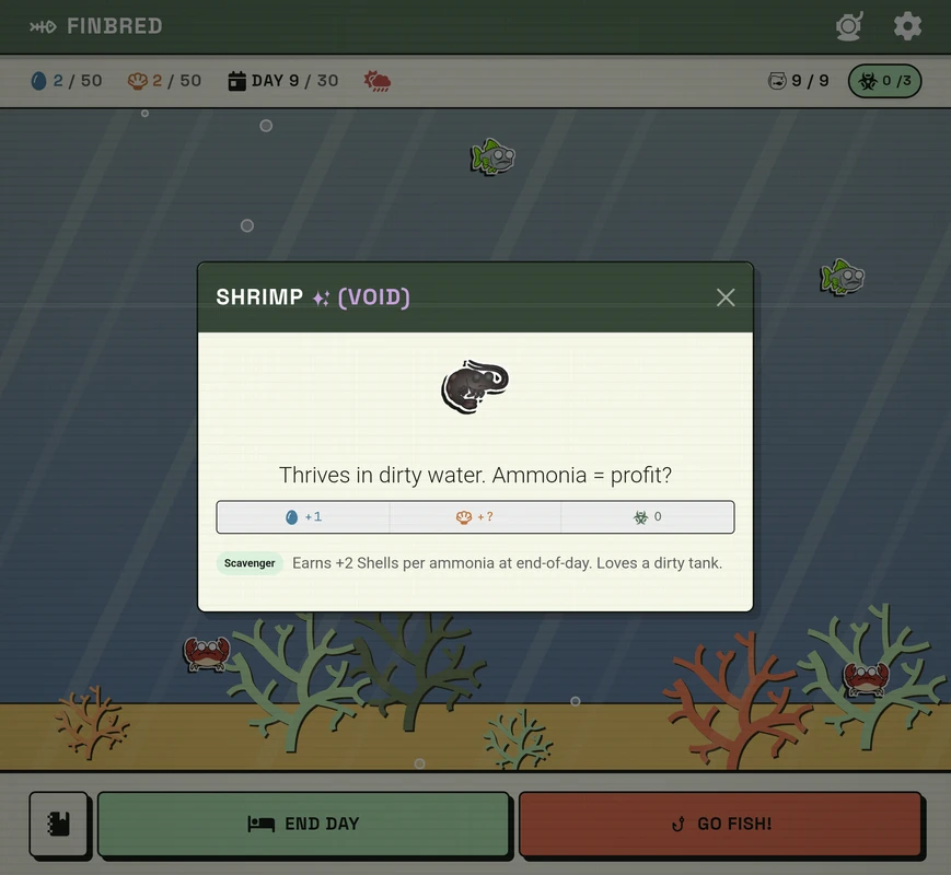Finbred Void variant Shrimp inspect modal with Scavenger trait