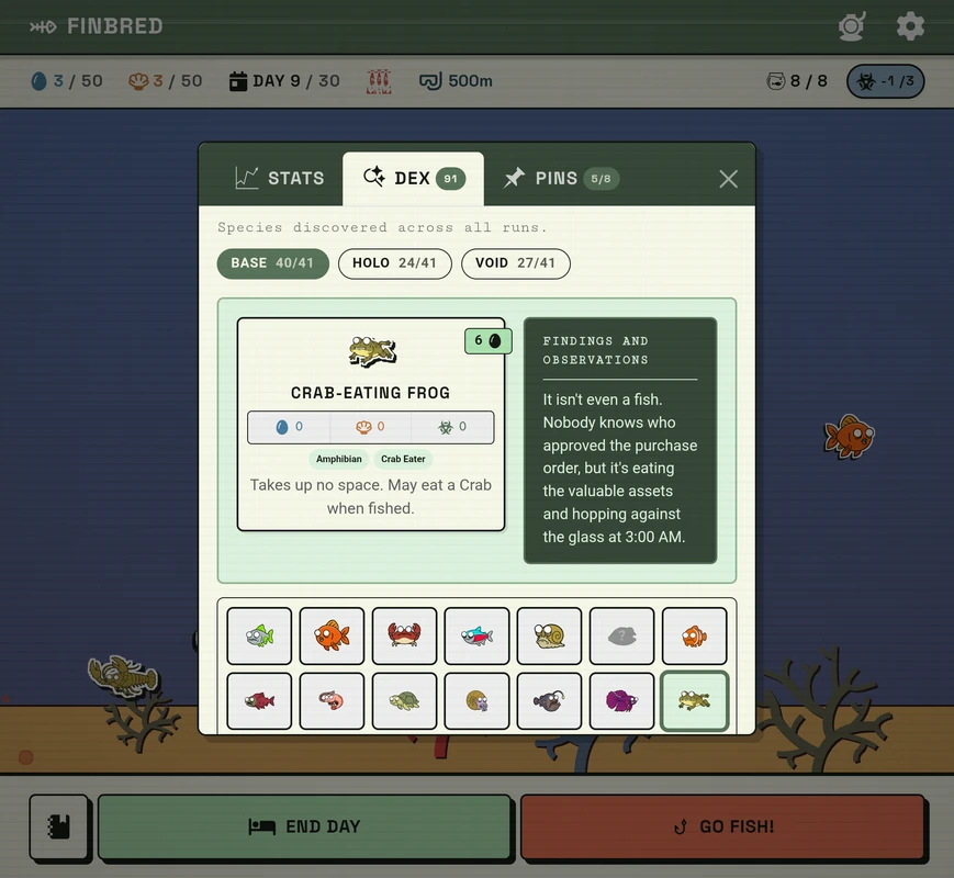 Finbred Dexendium collection grid with lore preview card