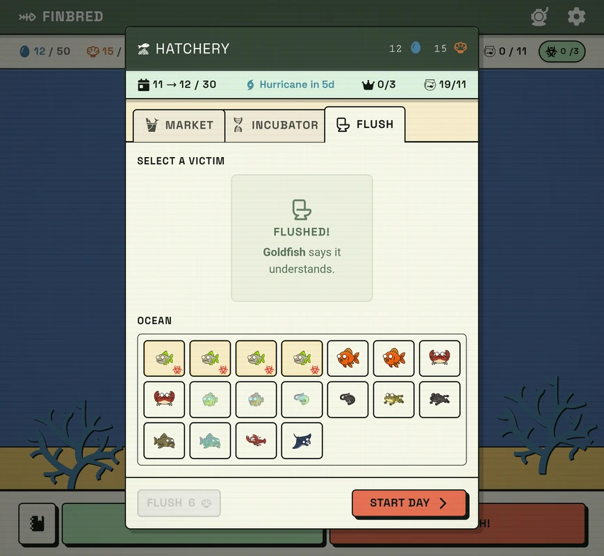 Finbred Flush tab with deck thinning and Flushed confirmation