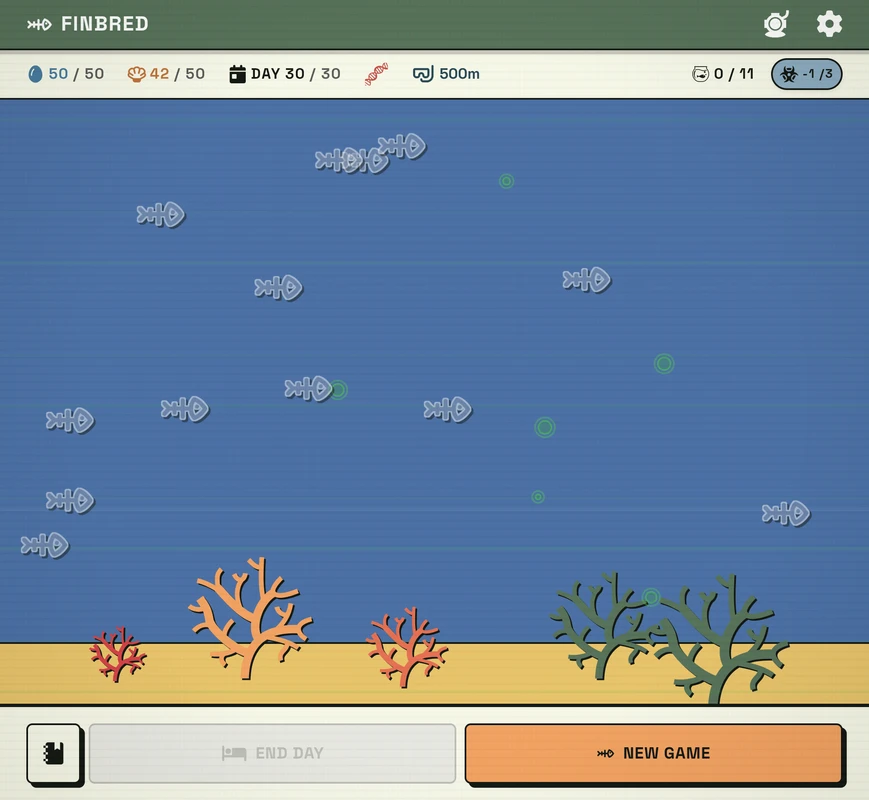 Finbred Day 30 game over with bone corpses filling the tank