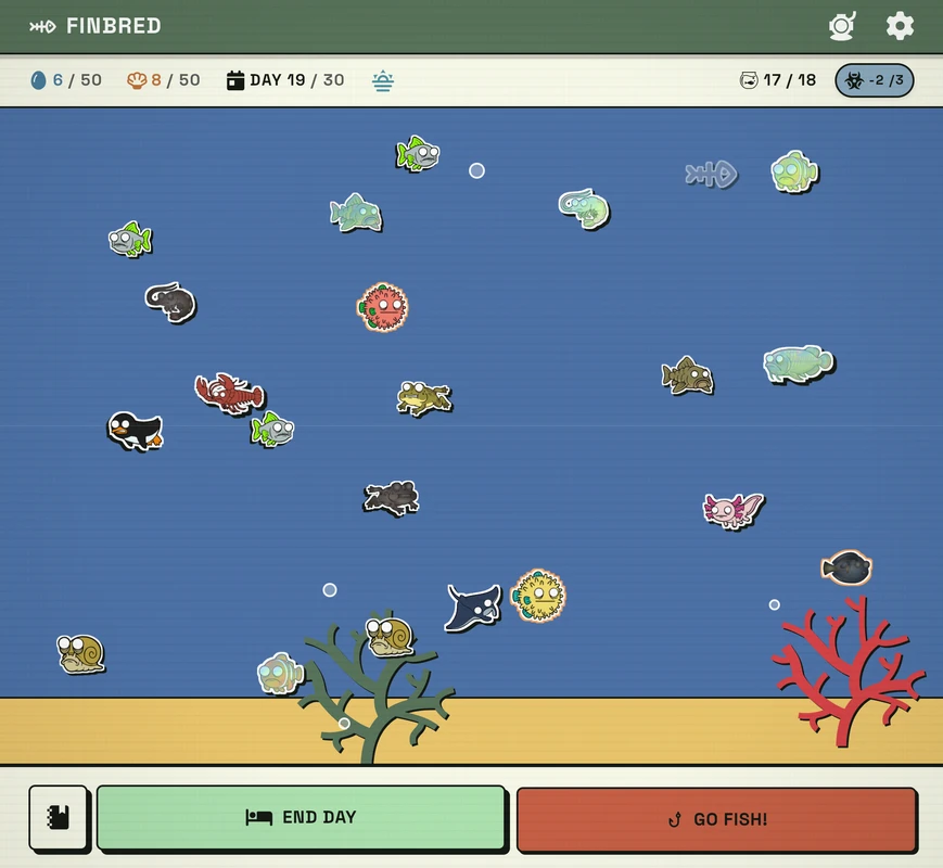 Finbred tank phase with 17 fish swimming on Day 19