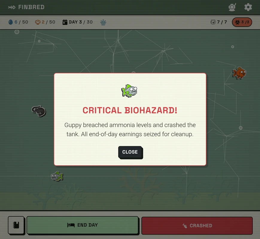 Finbred tank crash with Critical Biohazard modal and cracked glass