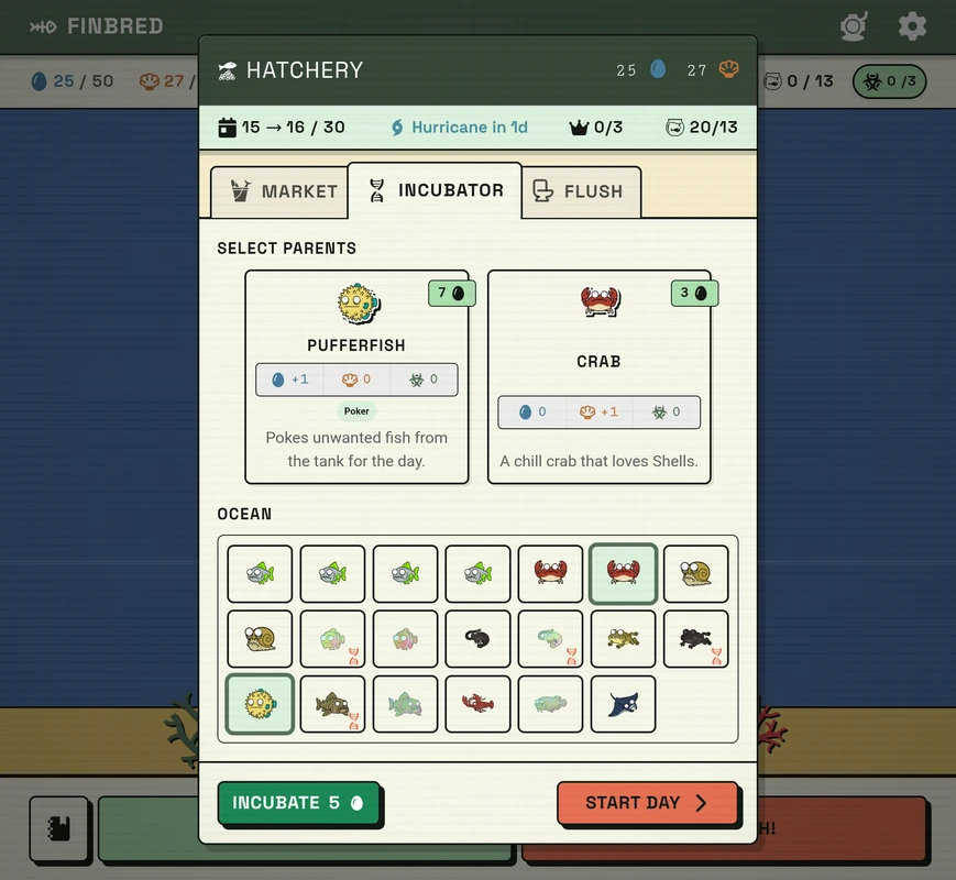 Finbred Incubator tab with parent fish selected for splicing