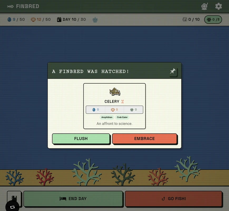 Finbred hatched mutant reveal card with Embrace or Flush choice