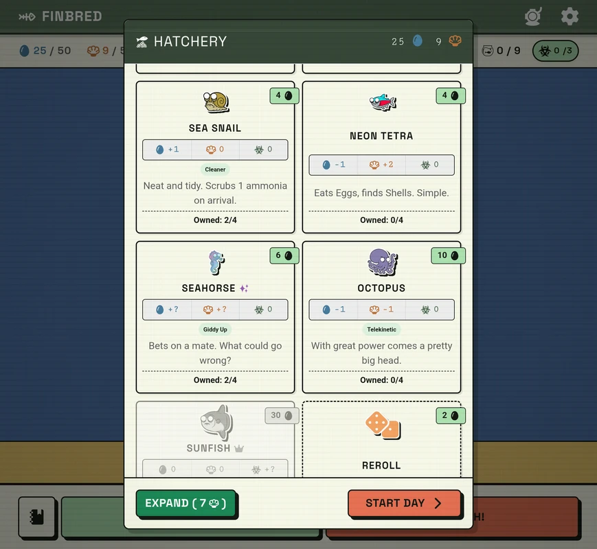 Finbred Hatchery Market with fish cards and reroll dice