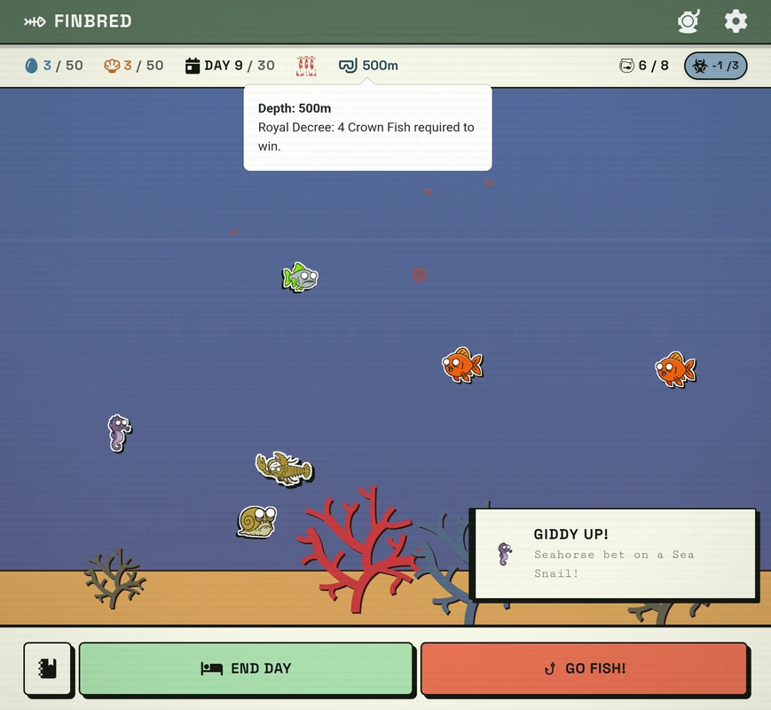 Finbred Depths mode at 500m with Royal Decree modifier active